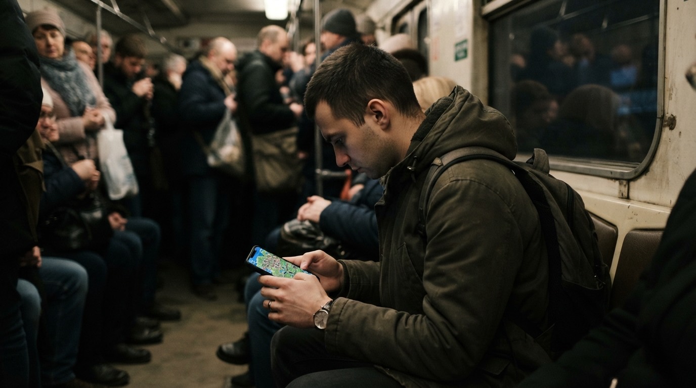 Utas a metrón, telefonján egy stratégiai játék térképe