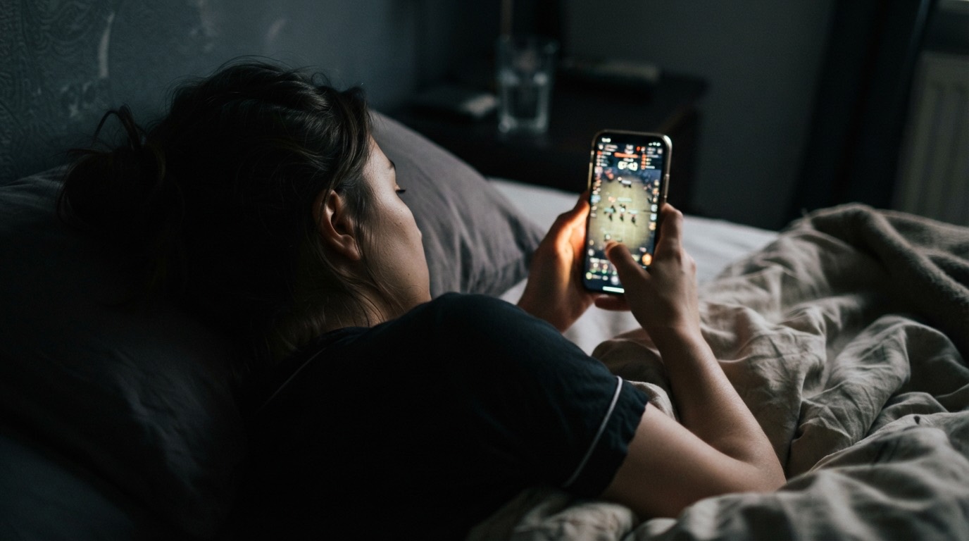 Ember éjjel az ágyban játszik a telefonján, a képernyőn időzítő és szövetségi chat