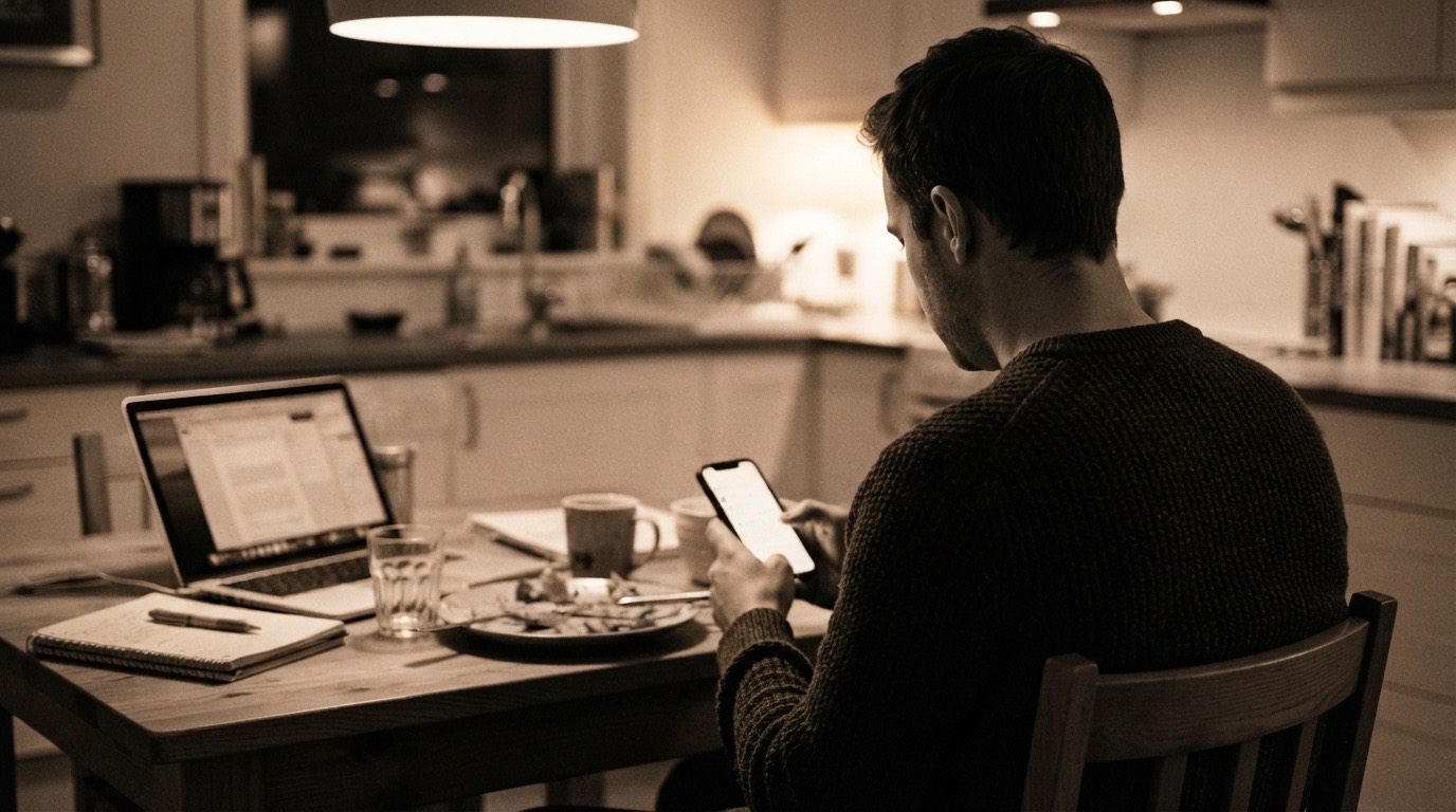 Férfi este a konyhaasztalnál a telefonját nézi, mellette nyitott laptop és félig megevett vacsora