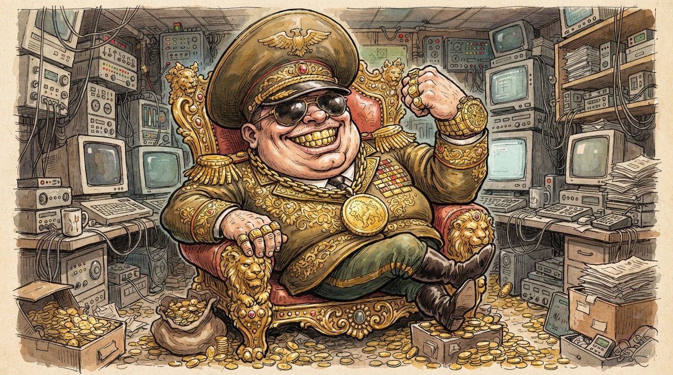 Karikatúra: kitalált operett-diktátor arany fogakkal és arany órával, aranytrónon ül egy régi számítógépekkel teli szobában, körülötte aranyérmek
