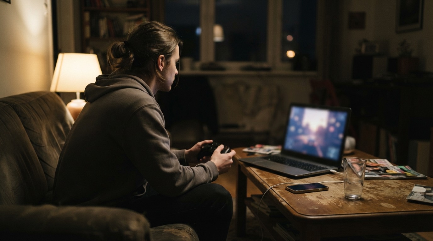 Bérlő laptopon és kontrollerrel játszik egy kanapén