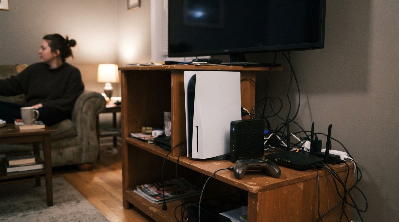 Konzol, minikompjúter és router a tévé alatti polcon