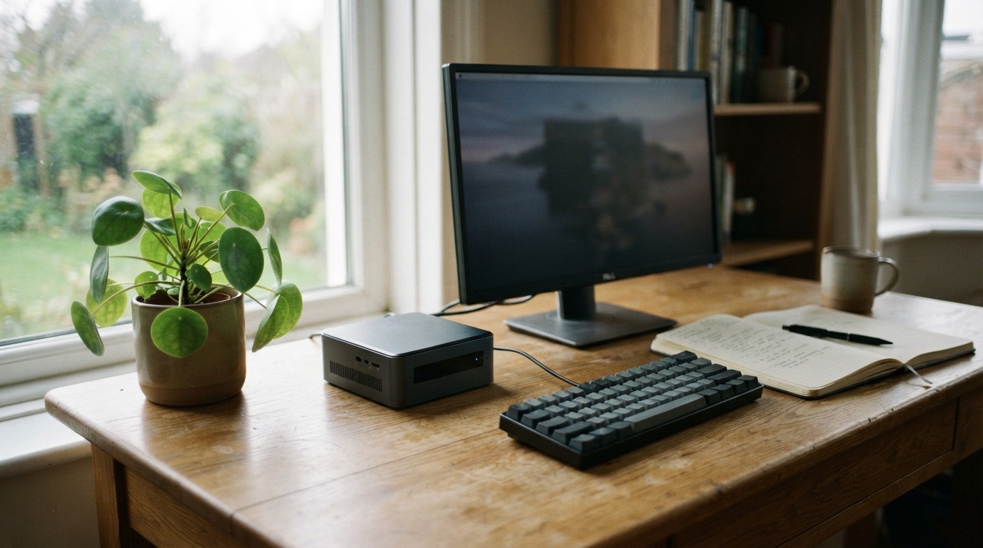 Könyvméretű mini PC egy rendezett íróasztalon, monitor és billentyűzet mellett