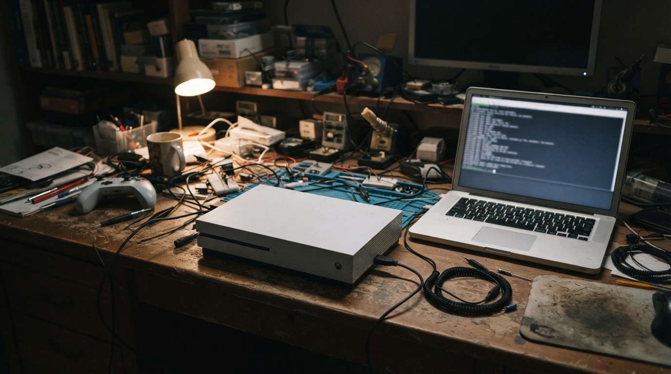 Játékkonzol laptophoz kötve egy hobbi elektronikai asztalon, éjjel